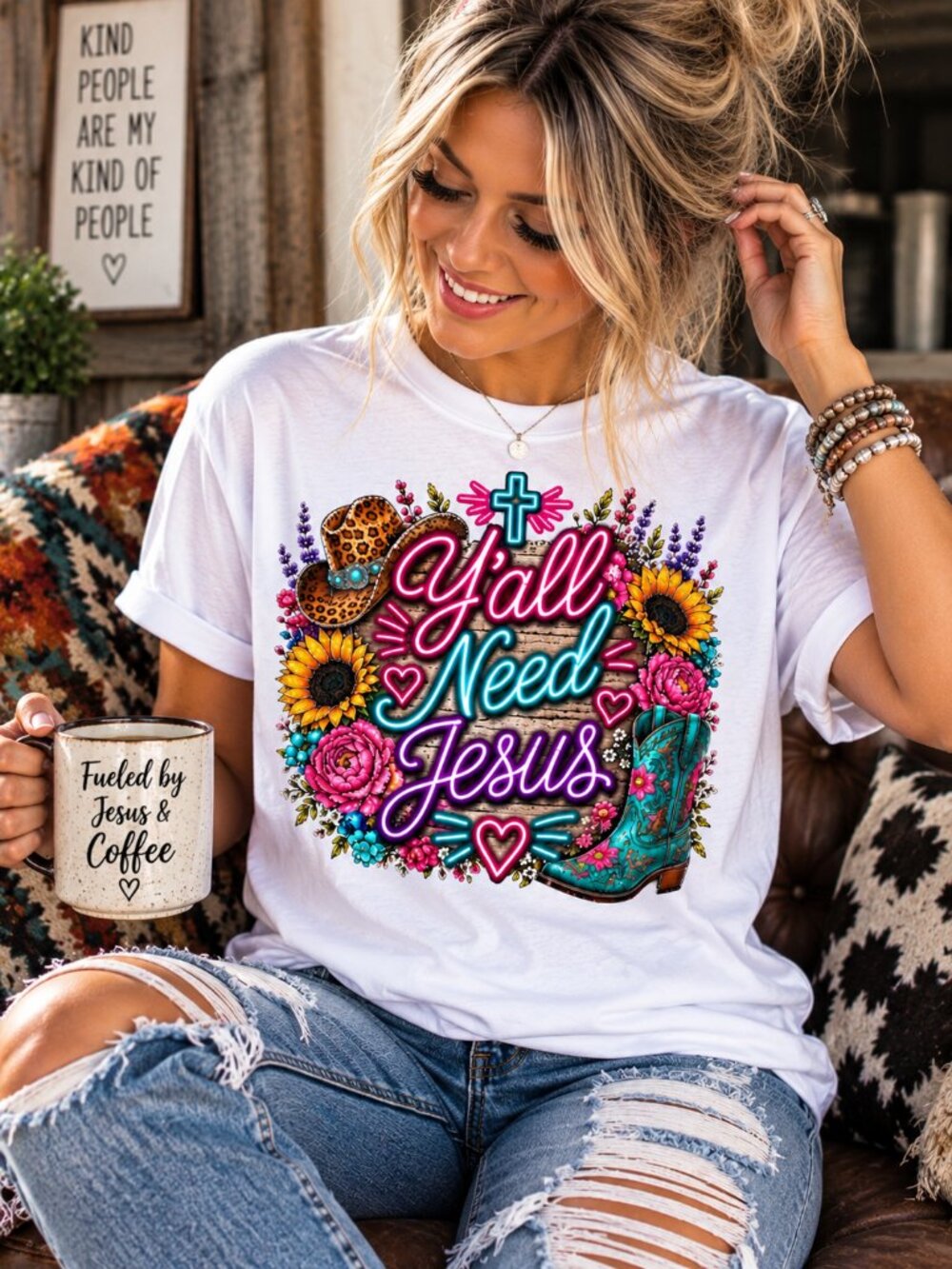 Graphic T Shirt Yall Need Jesus Western Trendy Short Sleeve Tee Womens Top White